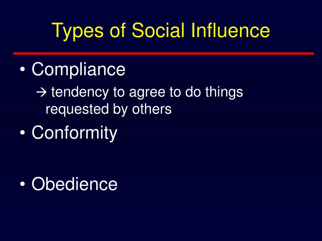 美国社会心理学家阿希(Asch)认为社会影响包括三个方面：从众(conformity)、顺从(compliance)、服从(obedience)